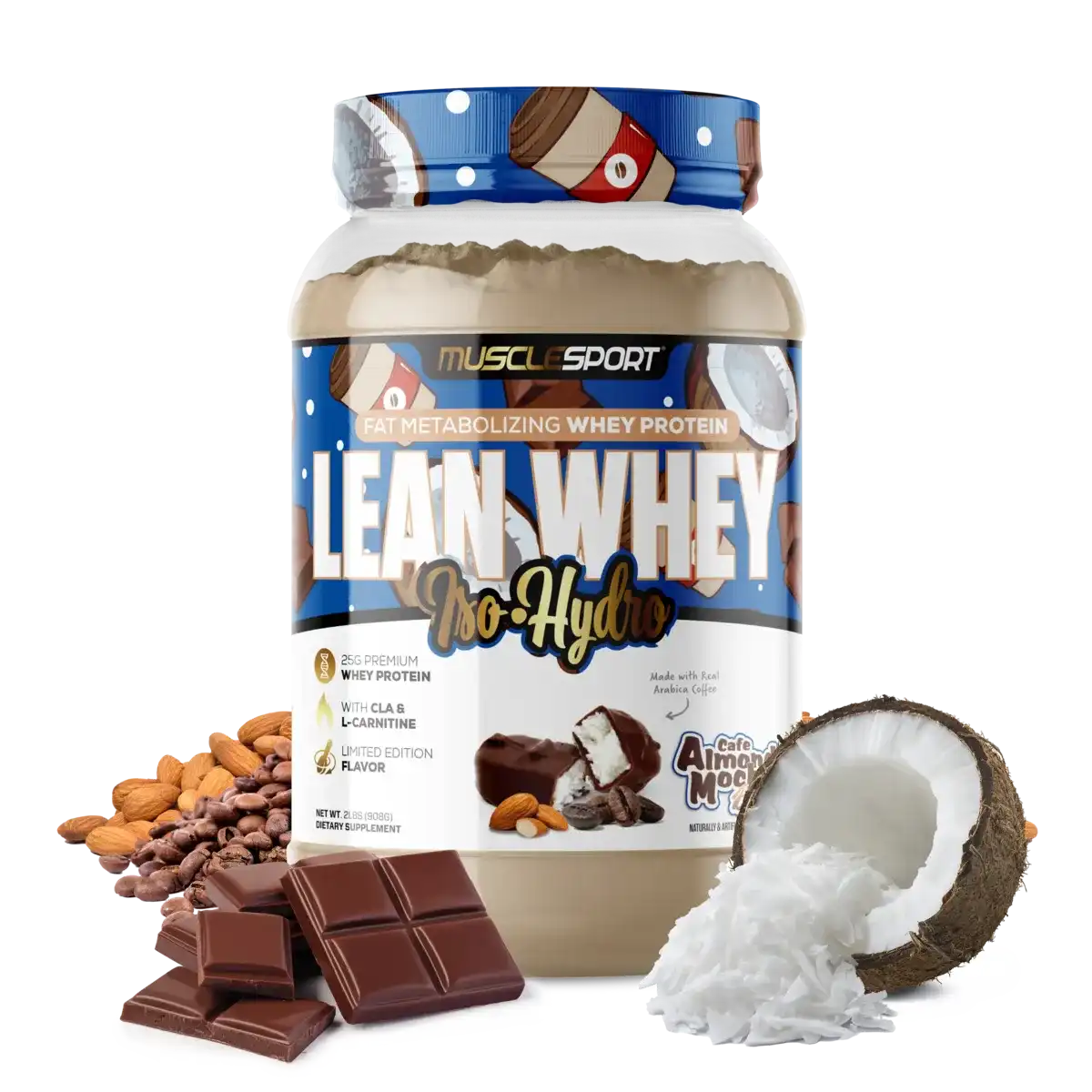 Proteína MuscleSport Lean Whey Isolatada Hidrolizada 2 lbs Metabolizadora de Grasas Sabor Almond Mocha.
