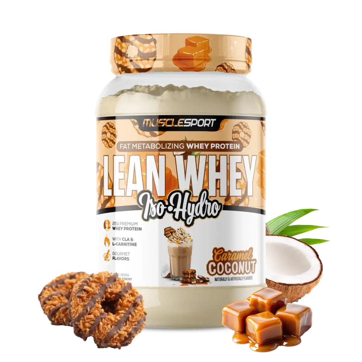 Proteína MuscleSport Lean Whey Isolatada Hidrolizada 2 lbs Metabolizadora de Grasas Sabor Caramel Coconut.