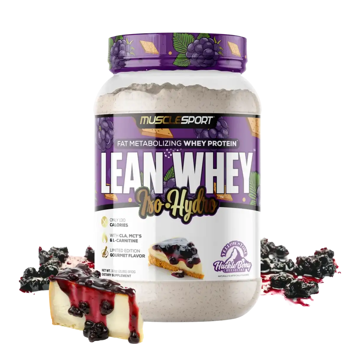Proteína MuscleSport Lean Whey Isolatada Hidrolizada 2 lbs Metabolizadora de Grasas Sabor Huckle Berry Cheesecake.