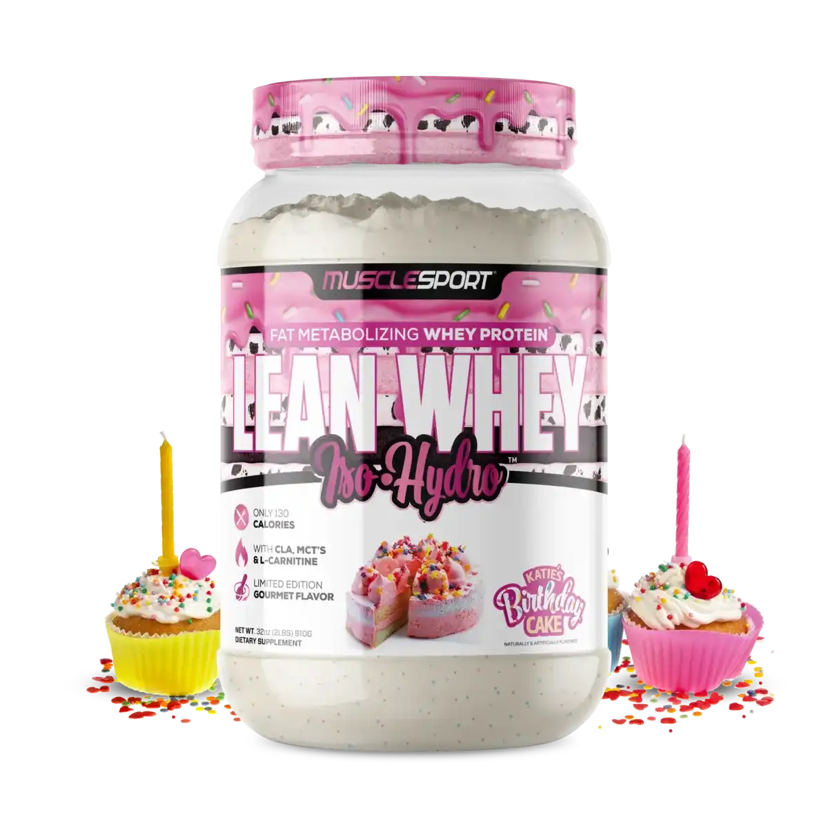 Proteína MuscleSport Lean Whey Isolatada Hidrolizada 2 lbs Metabolizadora de Grasas Sabor Katie's Birthday Cake.