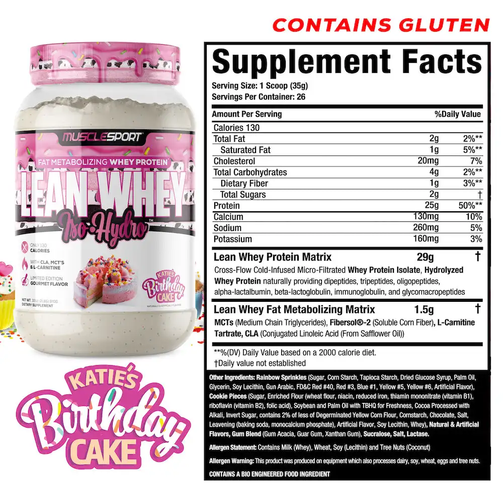 Proteína MuscleSport Lean Whey Isolatada Hidrolizada 2 lbs Metabolizadora de Grasas Sabor Katie's Birthday Cake.