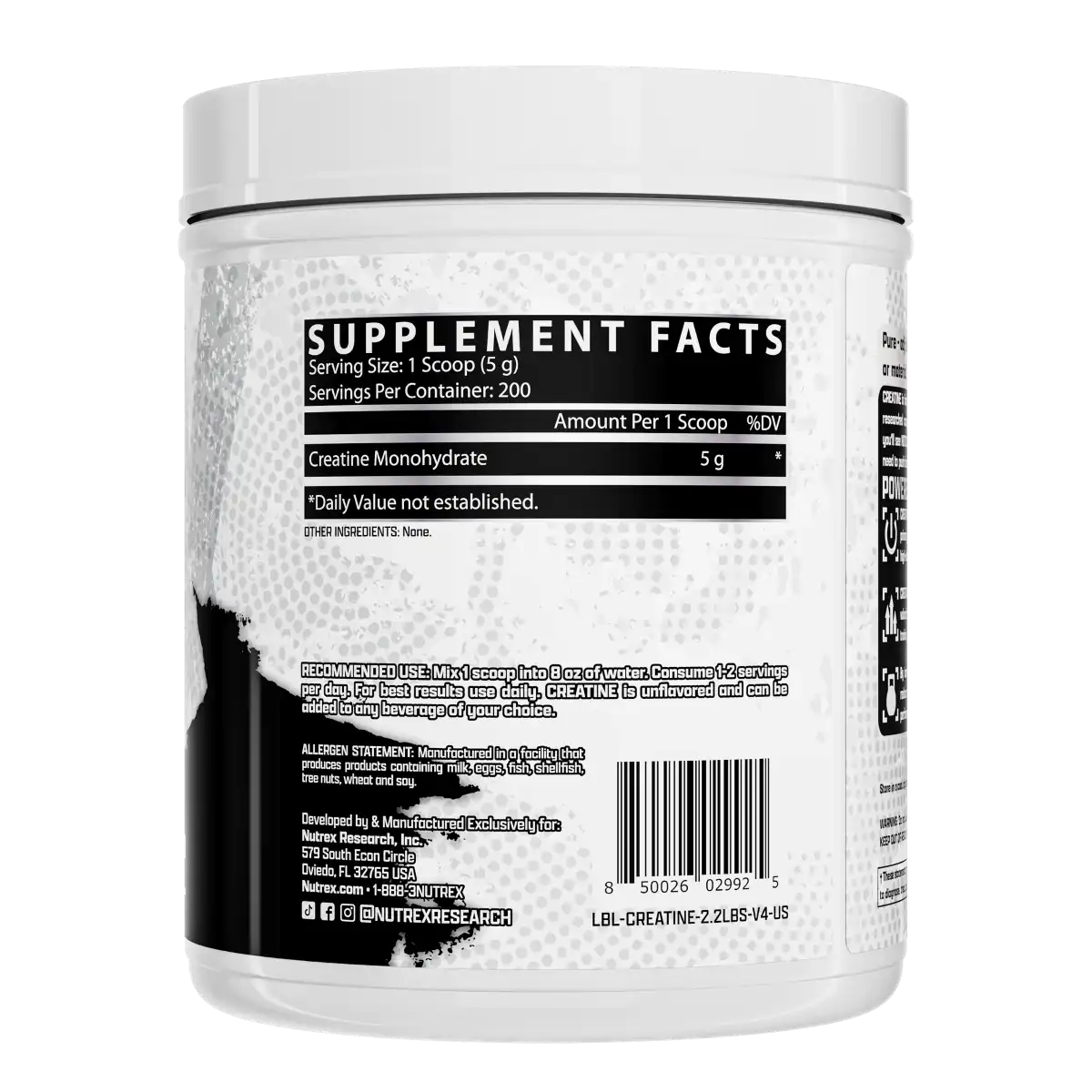 Creatina Nutrex Monohidratada Pura 200 Servicios 1000g Sin Sabor.