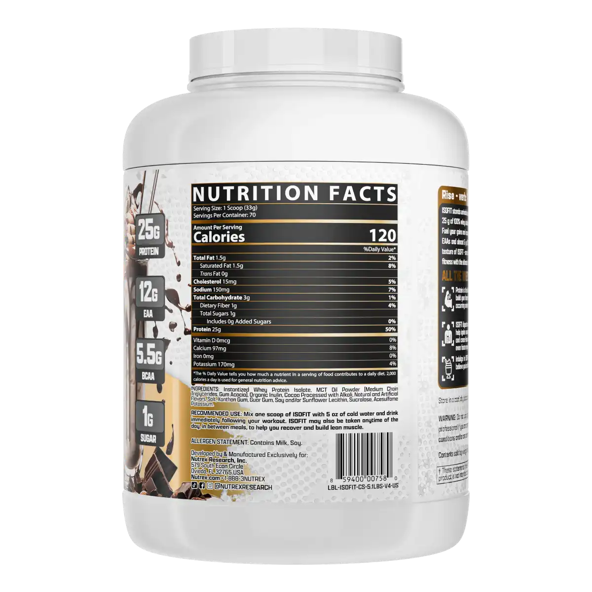 Proteína Nutrex IsoFit Isolatada Premium 5.1 lbs Sabor Chocolate Shake.