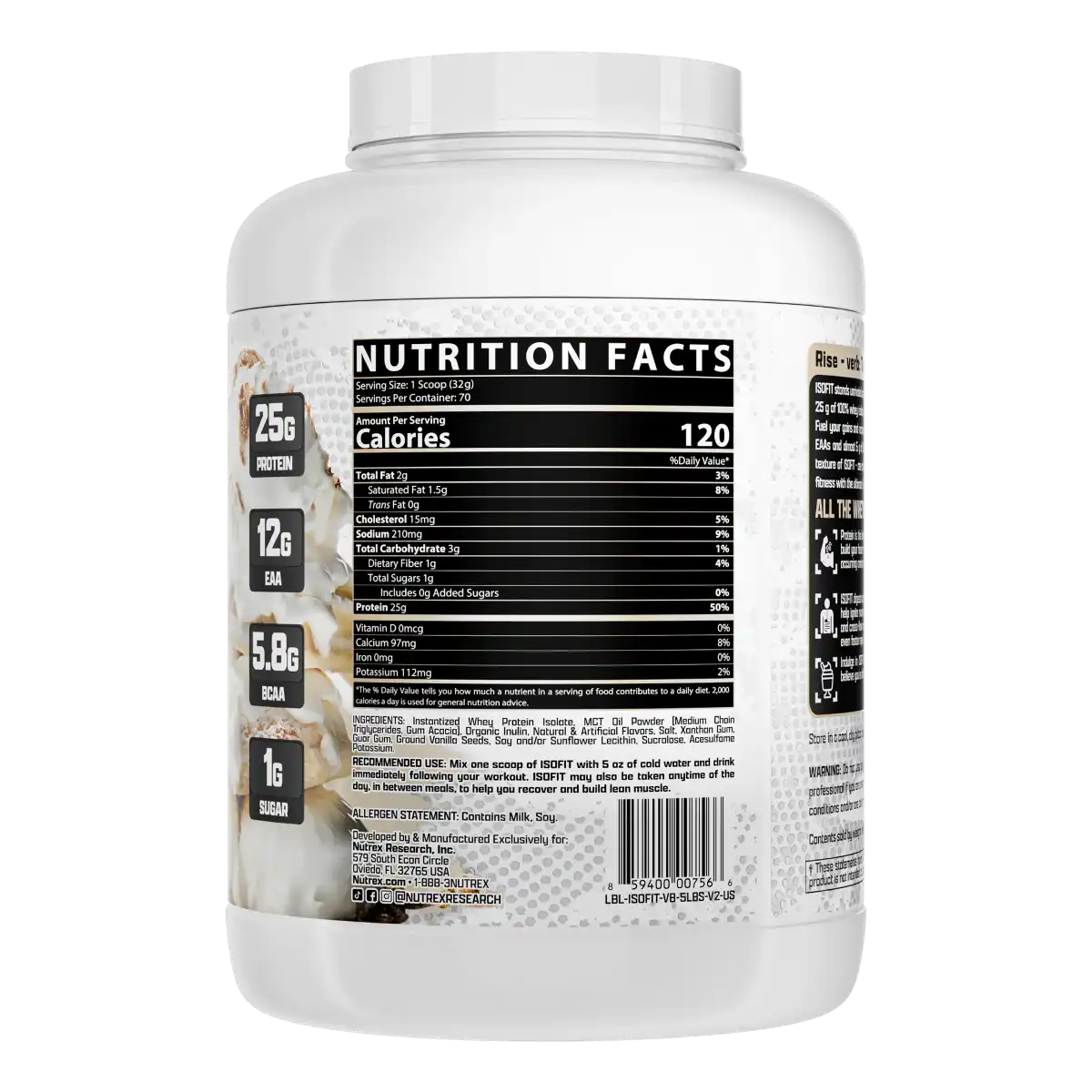 Proteína Nutrex IsoFit Isolatada Premium 5 lbs Sabor Vanilla Bean Ice Cream.