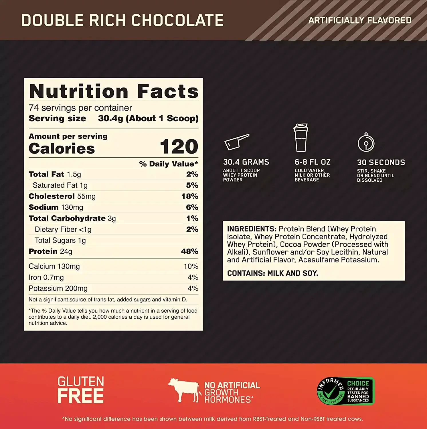 Proteína Optimum Nutrition Gold Standard 100% Whey 5 lbs Sabor Double Rich Chocolate.