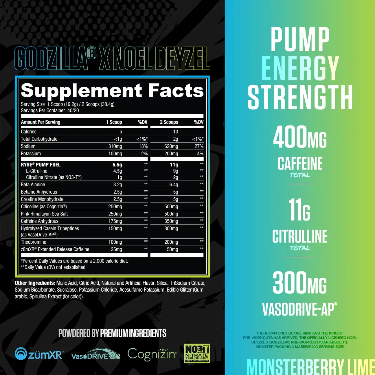 Pre Entreno Ryse Godzilla 40 Servicios 768g Sabor Monsterberry Lime.