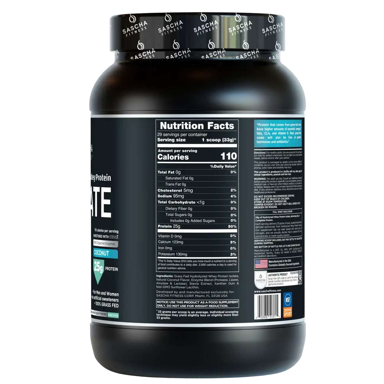 Proteína Sascha Fitness Whey Hidrolizada Isolatada 2 lbs Sabor Coconut